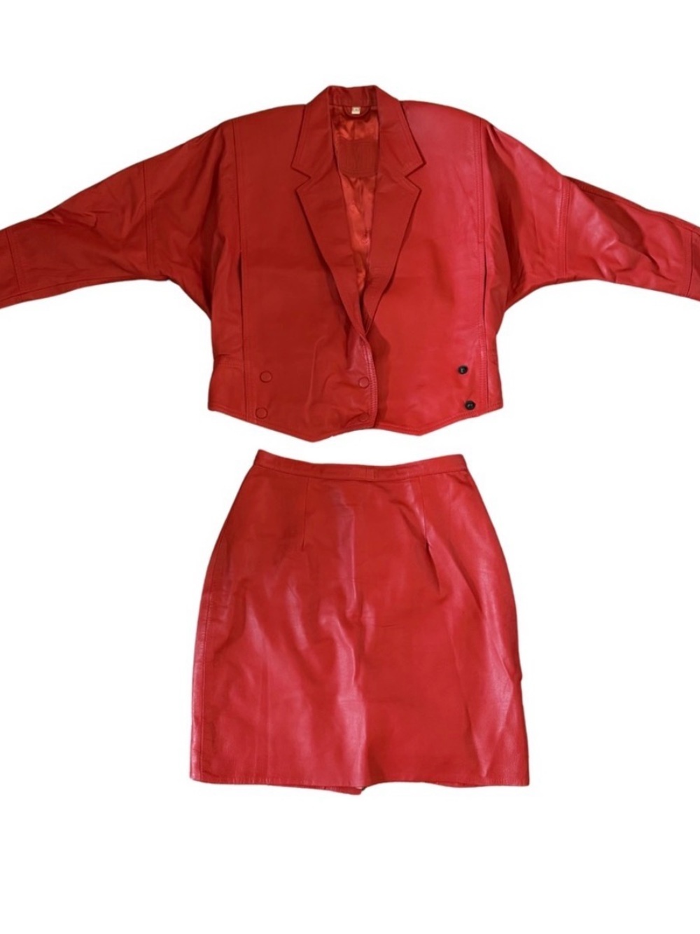 LEXIO Red Leather Jacket and Skirt Set